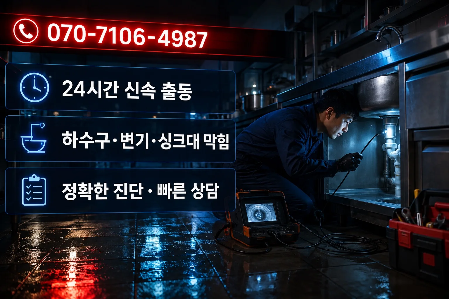 해빛배관 야간 상가 싱크대 점검 서비스 안내